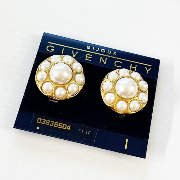 Givenchy Vintage Faux Pearl Cluster Clip Earrings 80's Dead Stock - Picture 1 of 8